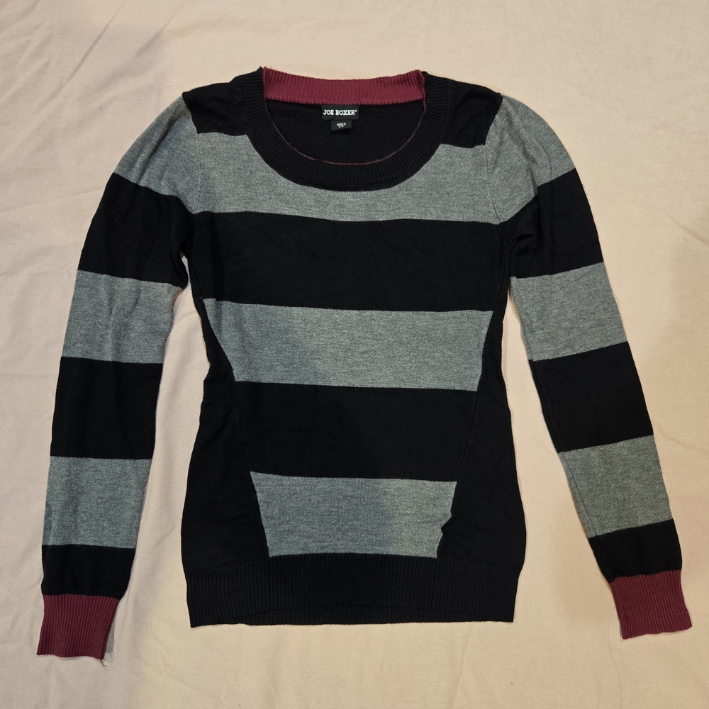 Joe Boxer Women's Black and Gray Striped Sweater with Maroon Accents